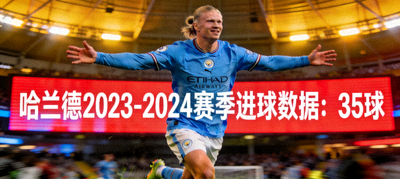 英超球员哈兰德进球后庆祝，背景显示其本赛季进球数据统计